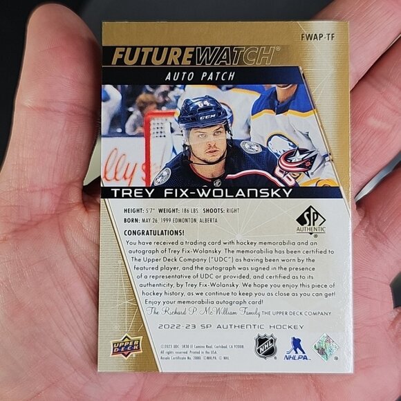 2022-23 SP Authentic #FWAP-TF Trey Fix-Wolansky Future Watch Auto Patch #/100 - Picture 9 of 11
